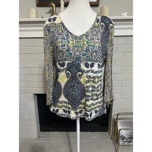 Forbidden Vintage 90s Top Women L Green Paisley Sequin Y2K Fairy V-Neck Boho